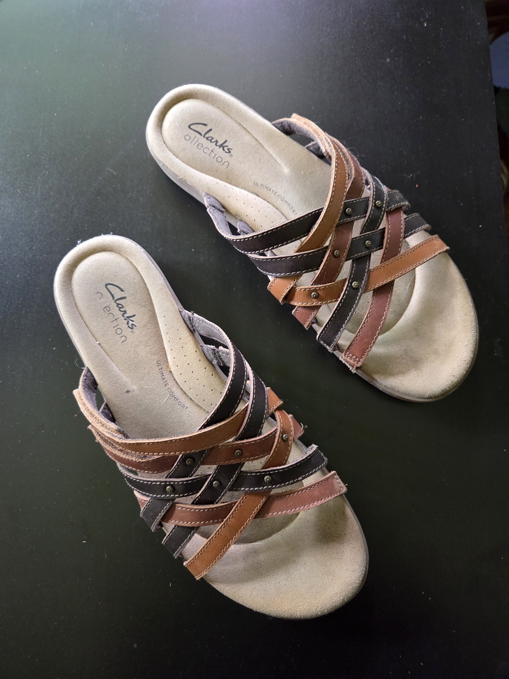 Clarks Women’s Brown, Tan and Black Strappy Leather Slide Sandals